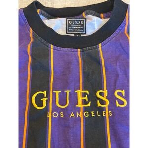 GUESS Los Angeles Vertical Stripe Long Sleeve‎ T-Shirt Mens Purple Black Yellow